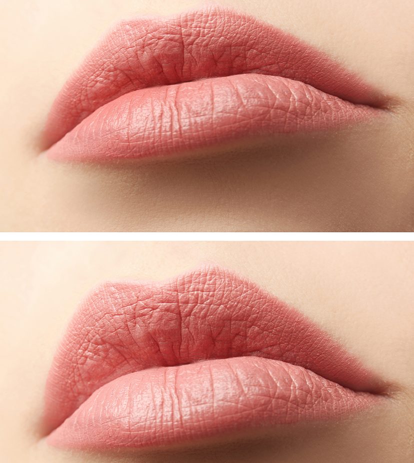 Two photos of a woman's full lips