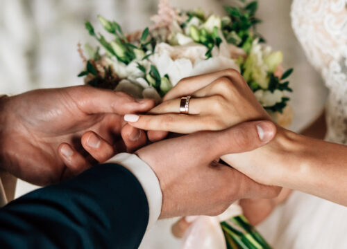 Couple exchanging rings at their wedding