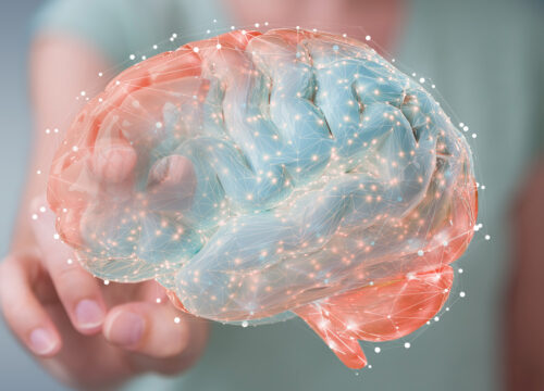 Woman pointing at brain relating to mental health disorders