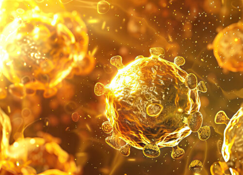 High-resolution view of golden-hued animal immune cells attacking healthy tissues, illustrating autoimmune diseases
